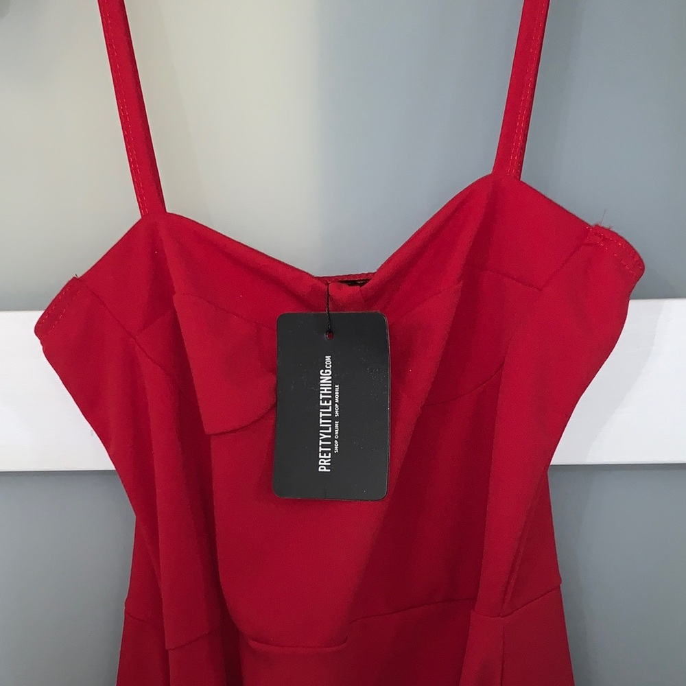 PrettyLittleThing Red Ruffle-Front Spaghetti Strap Mini Dress - Picture 3 of 10